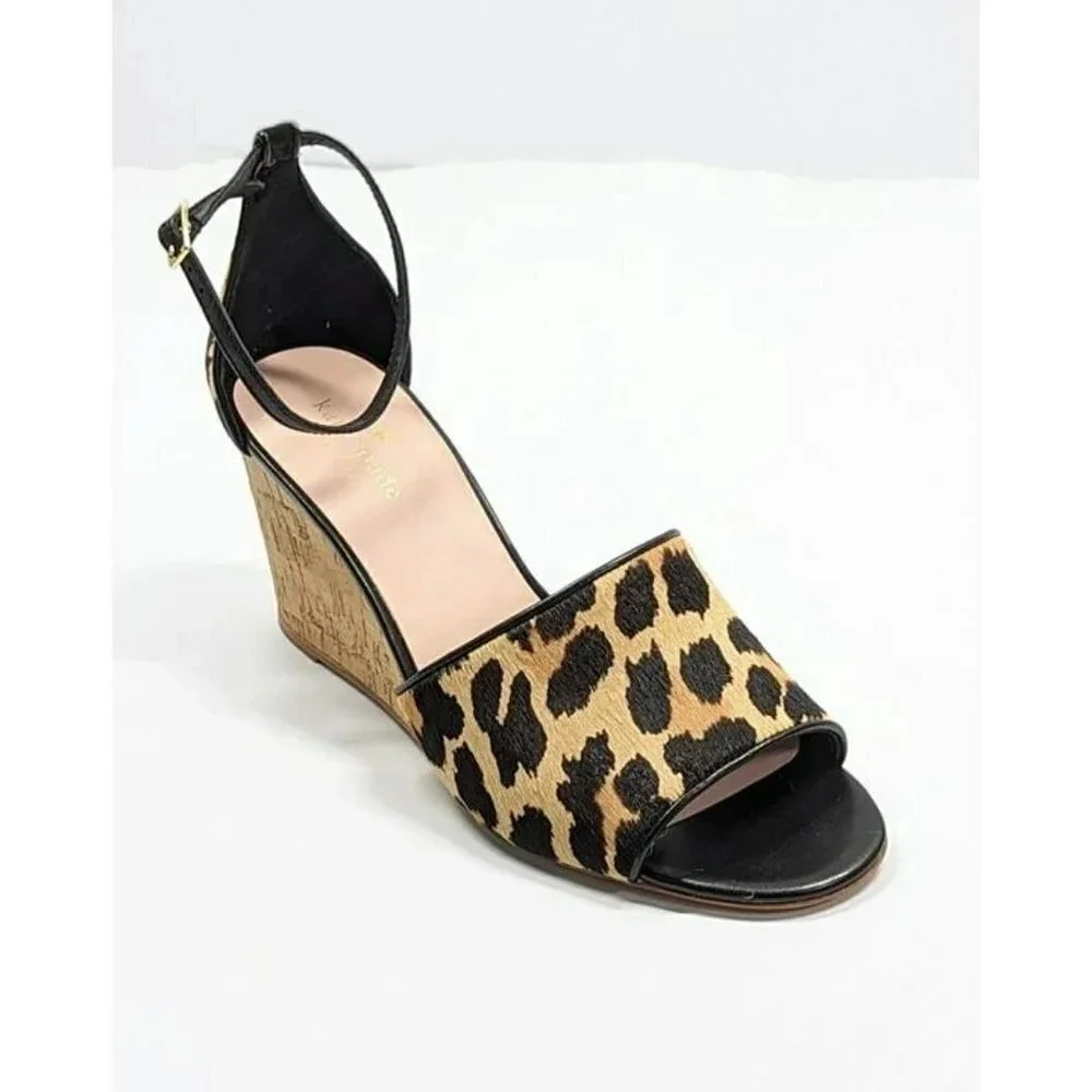 Kate Spade Women's Lonnie Leopard Calf Hair Wedge Sandals Size 9 M (MSRP $198)